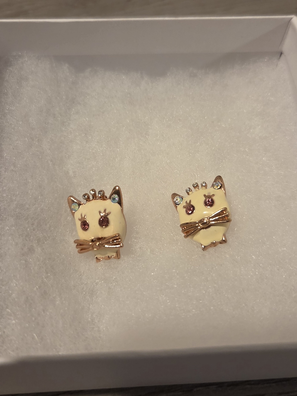 Betsey Johnson Cream Cat Stud Earrings with Pink and Blue Accents